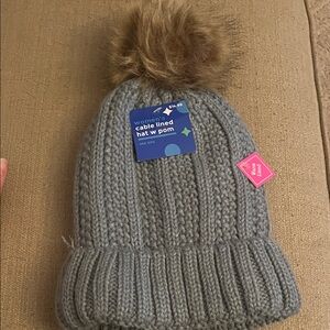 Gray Cable Knit Hat with Brown Pom